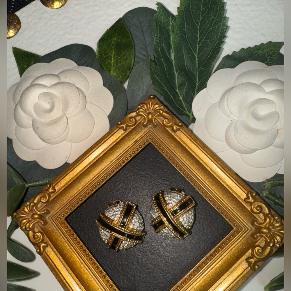 Elegant Gold-tone Clip on Earrings With Black Enamel X And Crystals - Picture 12 of 16